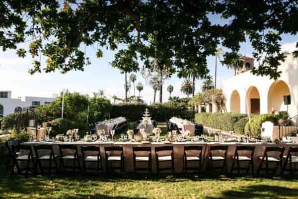 Elegant outdoor dining at Ocean Beach Woman's Club, perfect for weddings and upscale events.