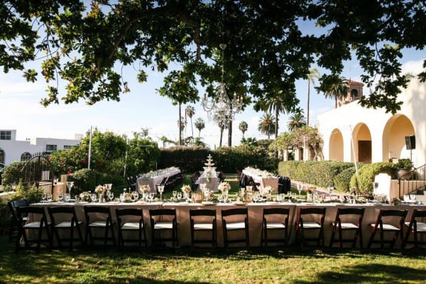 Elegant outdoor dining at Ocean Beach Woman's Club, perfect for weddings and upscale events.