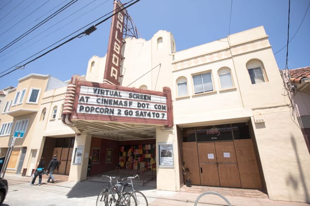 Vintage theater marquee at The Balboa for a virtual screening event, blending nostalgia and modernity.
