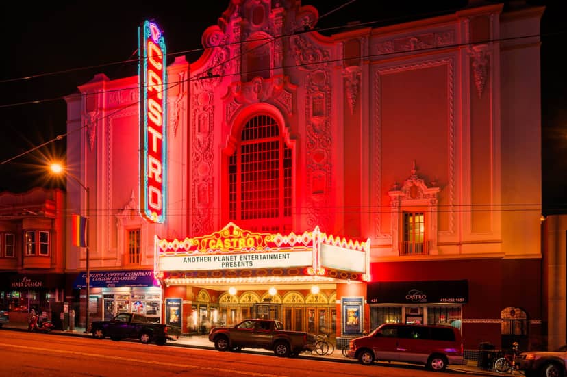 Castro Theatre's vibrant marquee and art deco design, ideal for film screenings and events.