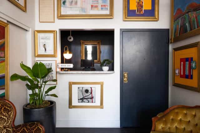 Stylish hotel reception with vibrant decor, ideal for intimate gatherings and meetings.