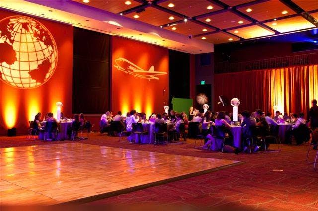 Event space at JCCSF with globe backdrop, perfect for networking and celebrations.