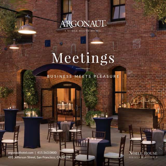 Stylish outdoor event space at Argonaut Hotel with elegant tables for networking.