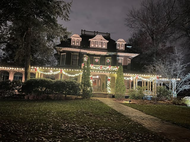 Main Building at Oakeside Mansion, festive lights, ideal for holiday events and soirées.