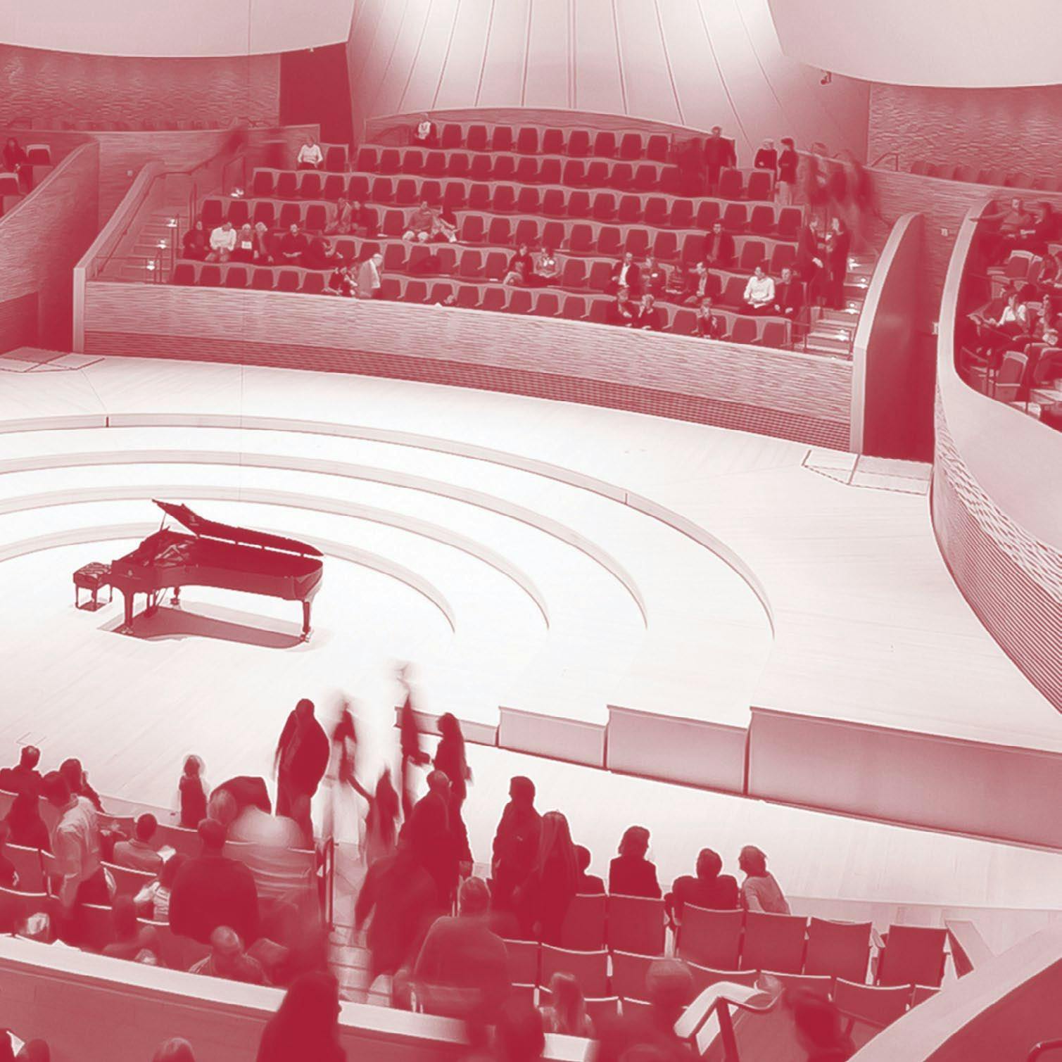 Modern auditorium with grand piano, ideal for concerts and conferences at Stanford Live.