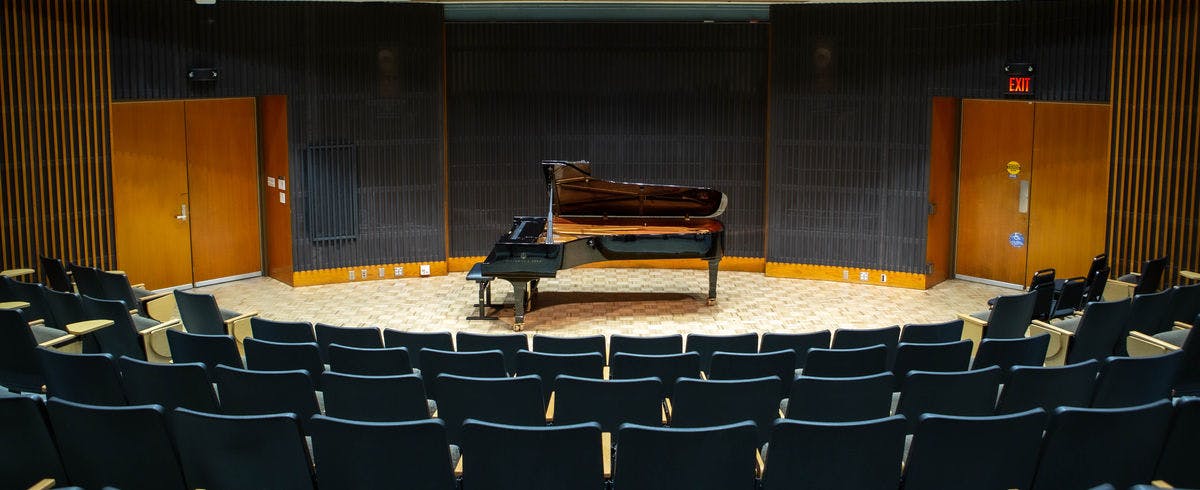 Campbell Recital Hall with grand piano, ideal for intimate concerts and recitals.
