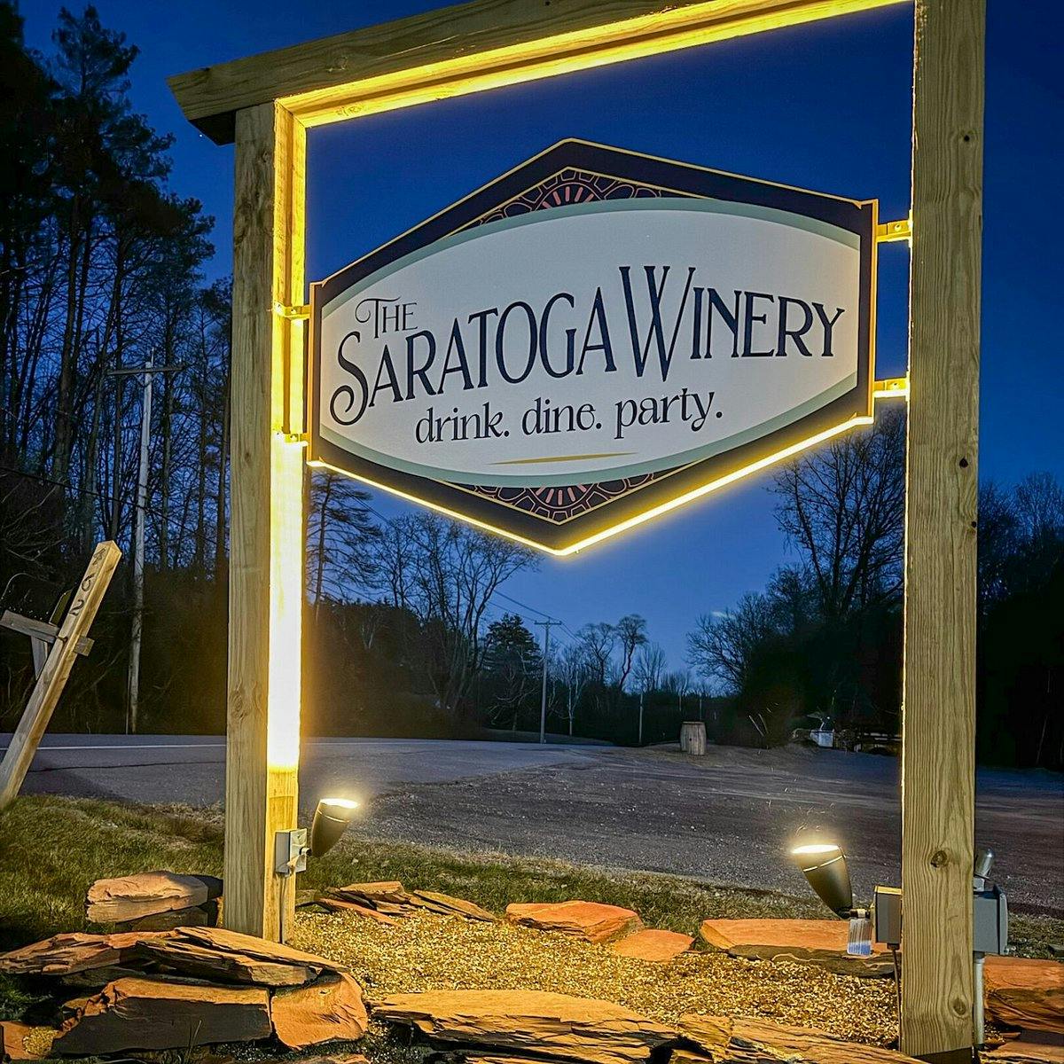 Saratoga Winery sign at The Vineyards of Saratoga, ideal for events and gatherings.