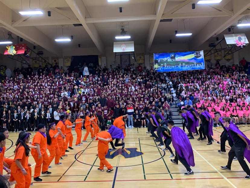 Milpitas High School music performance with vibrant orange and purple costumes at a pep rally.