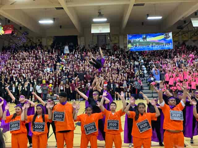 Milpitas High School pep rally with enthusiastic students in coordinated outfits.