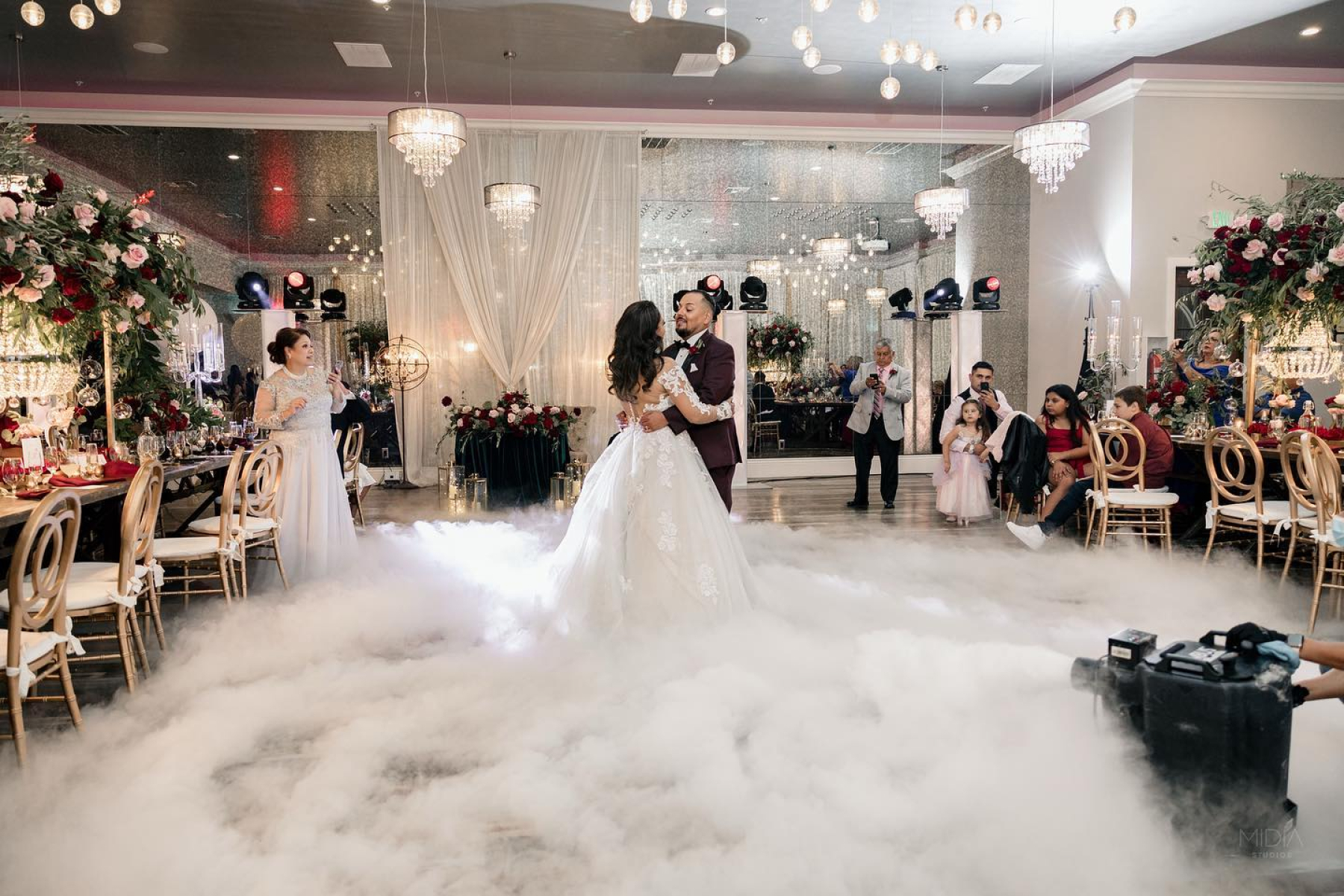 Main Ballroom at Casa Bella, elegant decor for weddings, romantic atmosphere with fog.