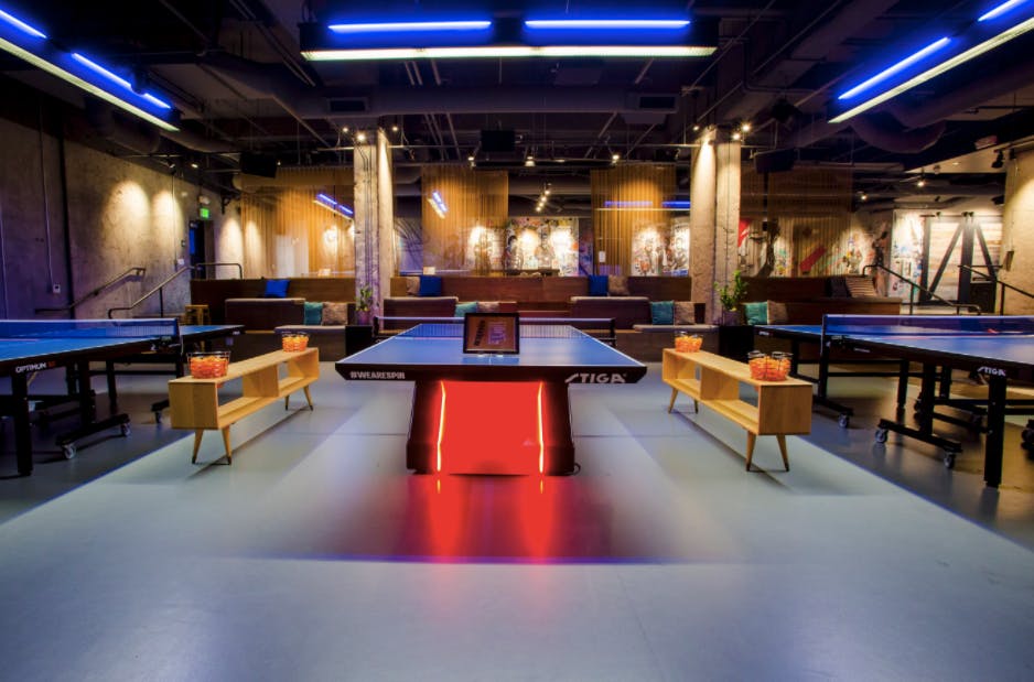 Outdoor ping pong patio at SPIN San Francisco, vibrant venue for corporate events and gatherings.