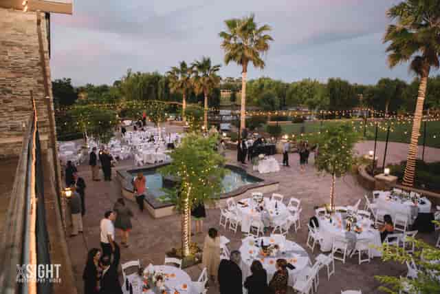 Wolfe Heights Winery outdoor wedding venue with elegant tables and warm string lights.