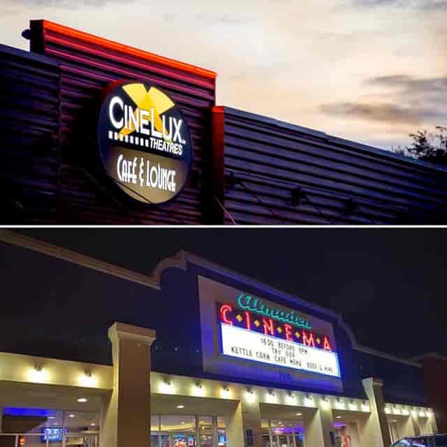 CineLux Almaden Café & Lounge with modern sign, ideal for private screenings and events.