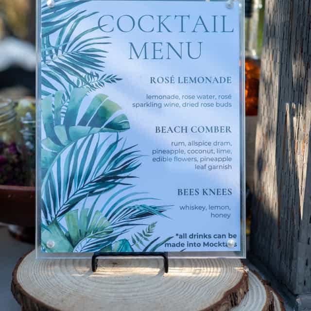 Stylish tropical drink menu for summer weddings and outdoor events.