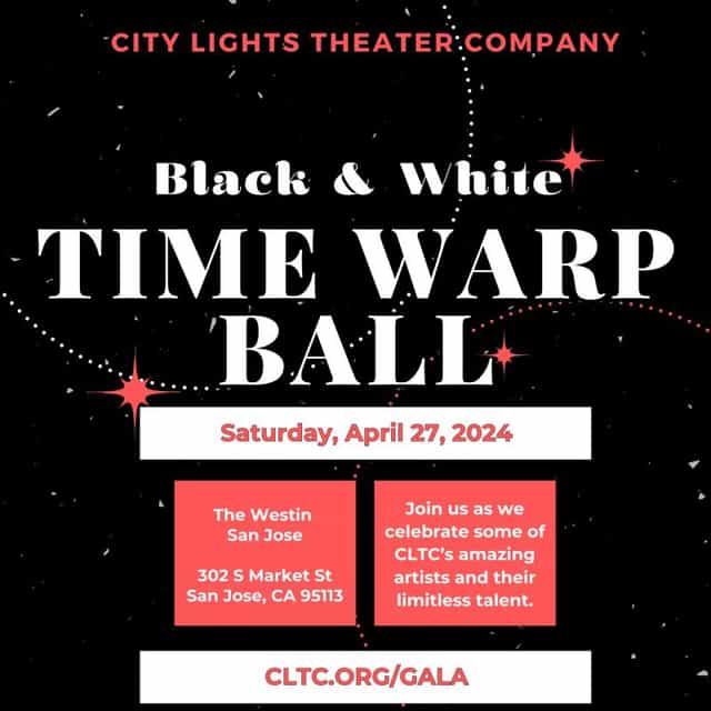 Main Theater flyer for Time Warp Ball, elegant black and white design, networking event.