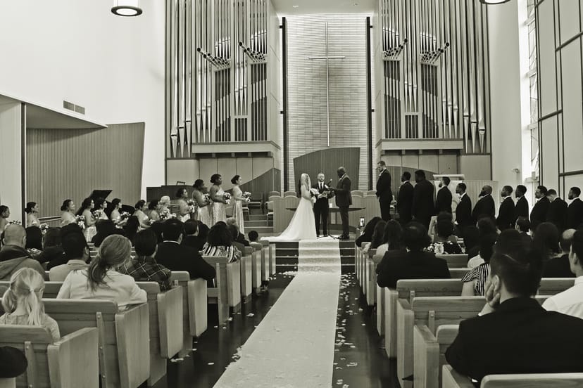 Wedding ceremony in modern Fellowship Room, FIRST CONGREGATIONAL CHURCH PALO ALTO.