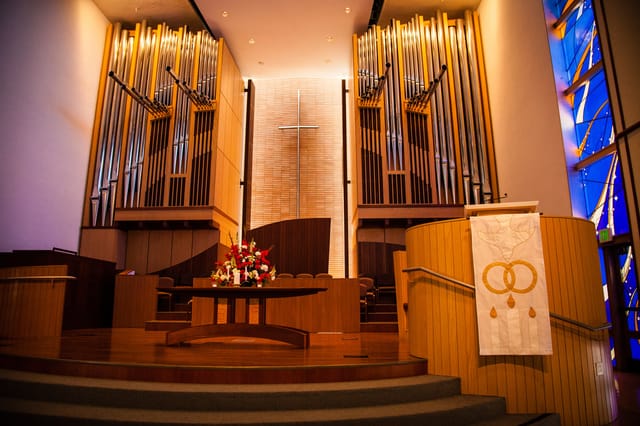 Fellowship Room at First Congregational Church, elegant woodwork, ideal for weddings and ceremonies.
