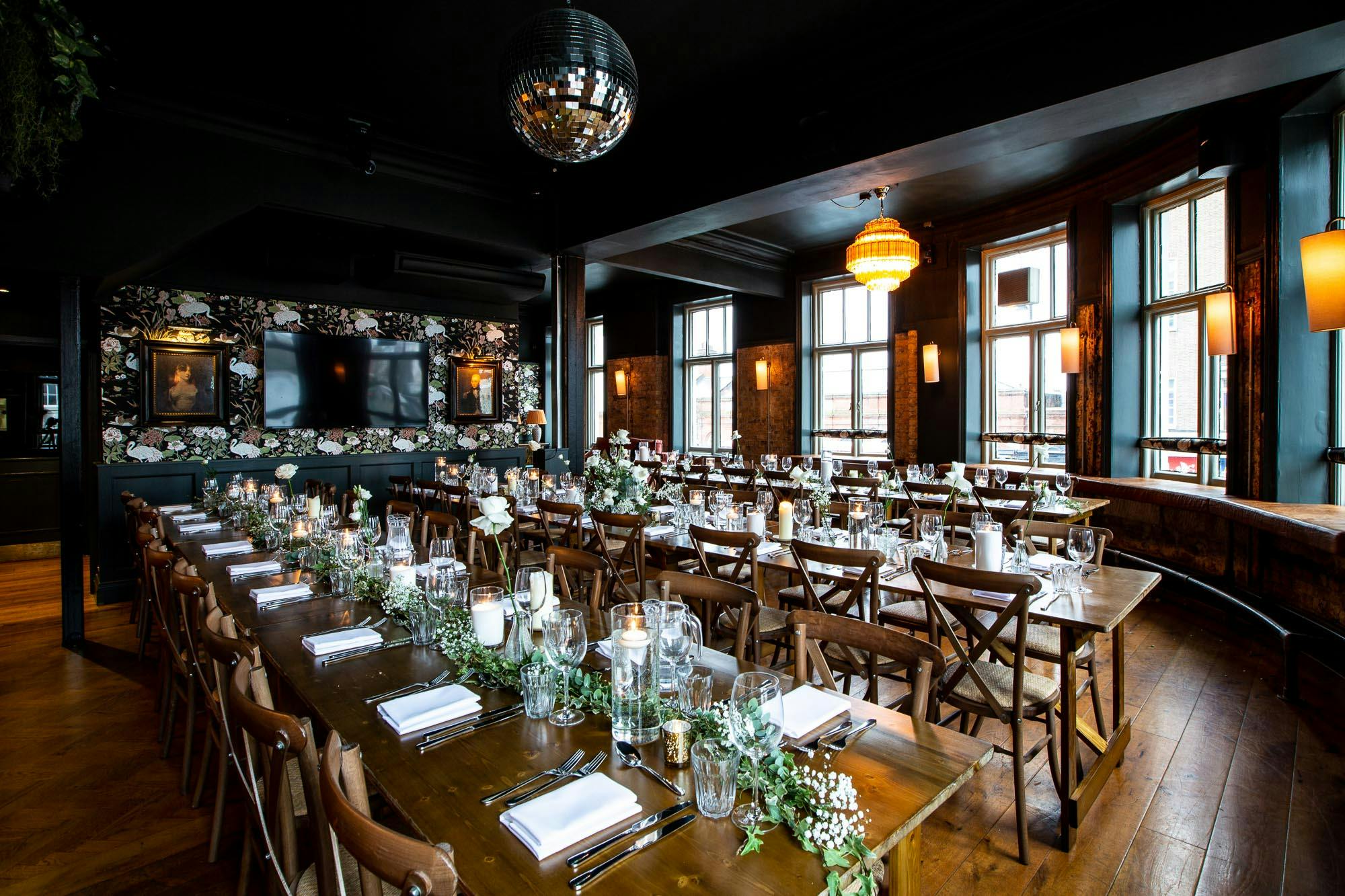 Elegant dining space in The Railway's First Floor Lounge, perfect for events and gatherings.