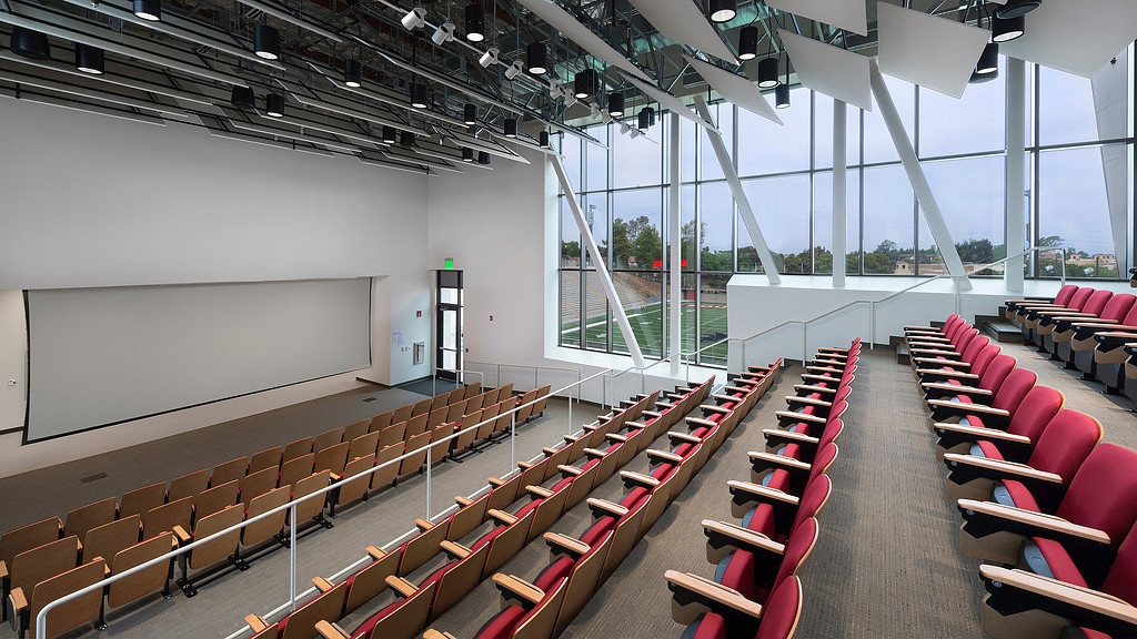 Modern auditorium with tiered seating at Southwestern College for events and lectures.