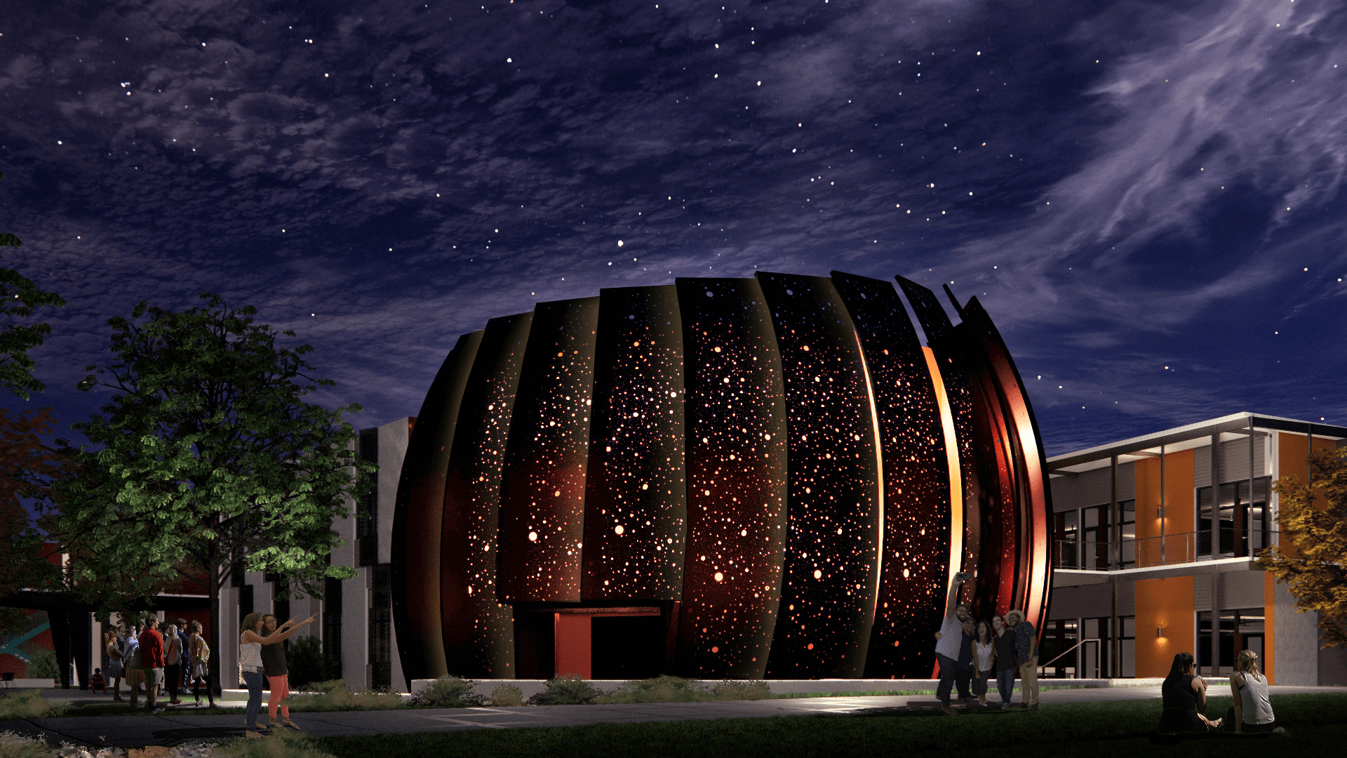 Modern Southwestern College lecture hall under starry sky, perfect for events and gatherings.