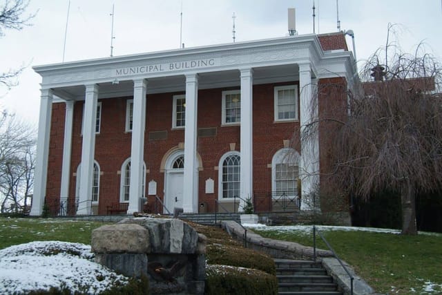 VFW Plaza in Hastings-on-Hudson, classic architecture for community events.