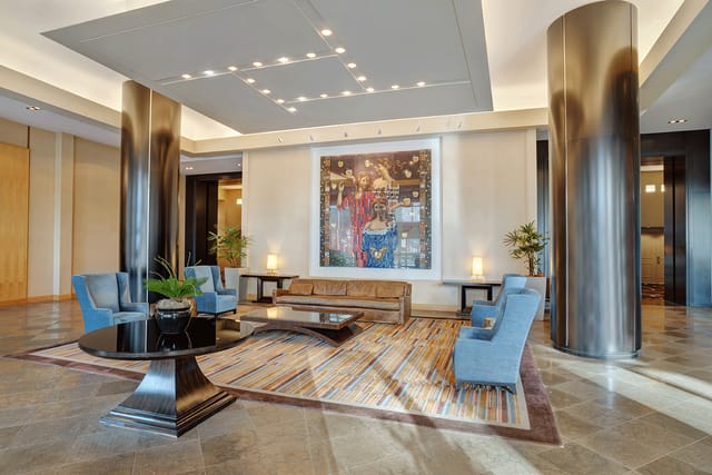 Sophisticated lobby at The Heldrich Hotel, ideal for networking and meetings.