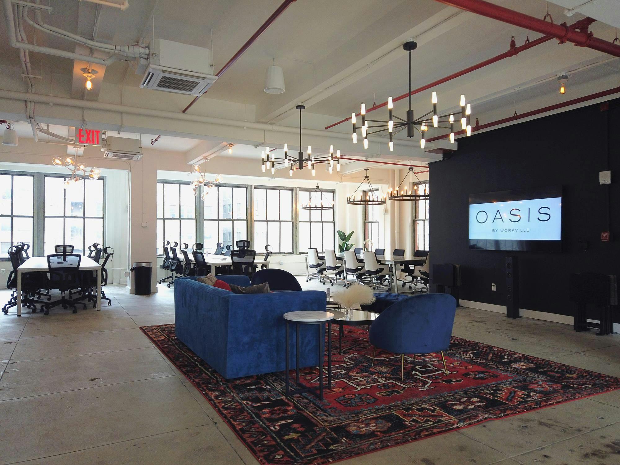 Modern event space with stylish lighting for meetings and social gatherings.