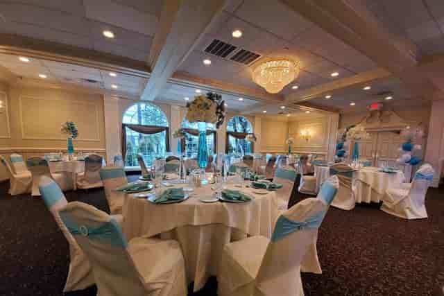Elegant event space at The Westwood with light blue accents, perfect for weddings.