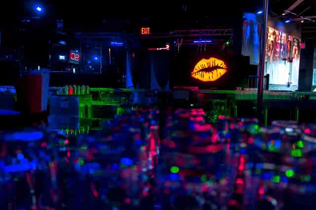 Vibrant Ten's Cabaret event space with colorful lighting for cocktail receptions and parties.
