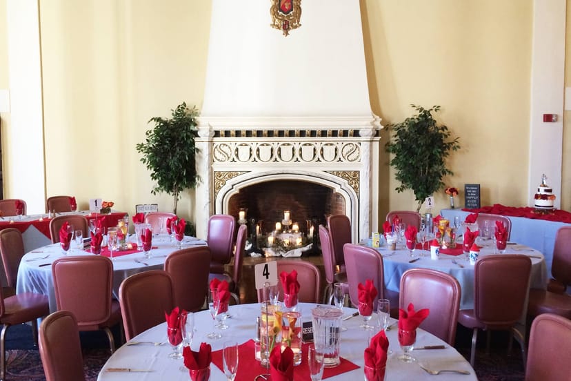 Elegant dining room with festive decor, ideal for gatherings and celebrations.