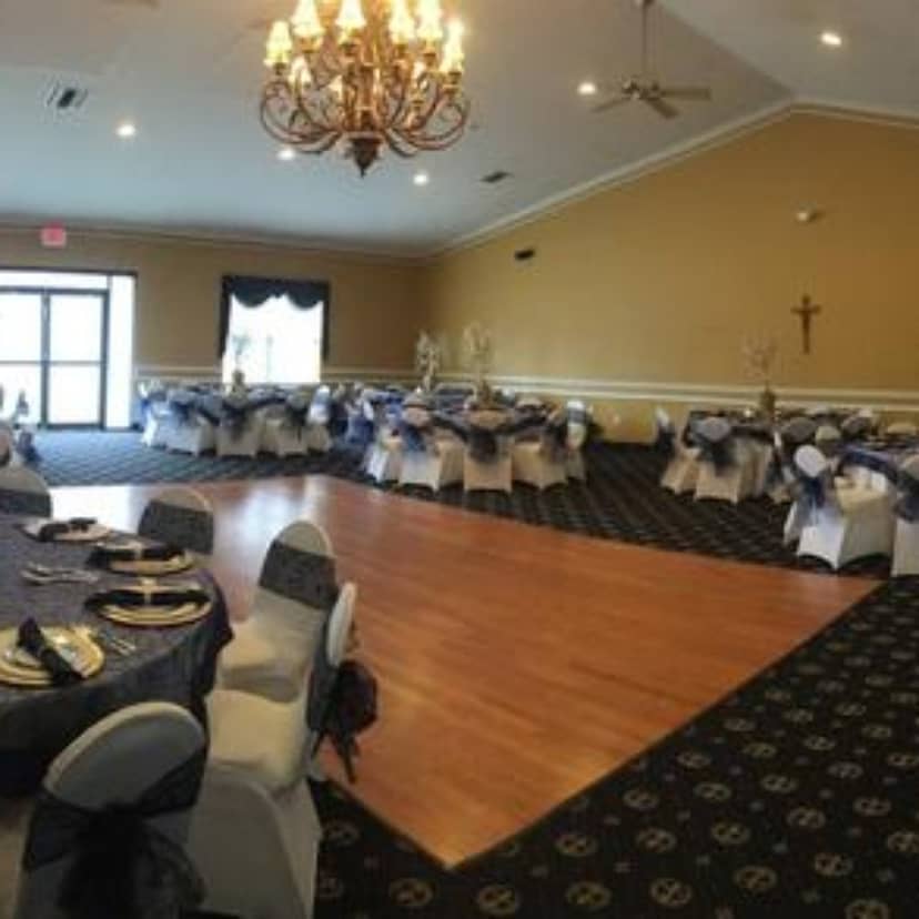Renovated Hall at Columbus Club, elegant blue and white decor for weddings and receptions.