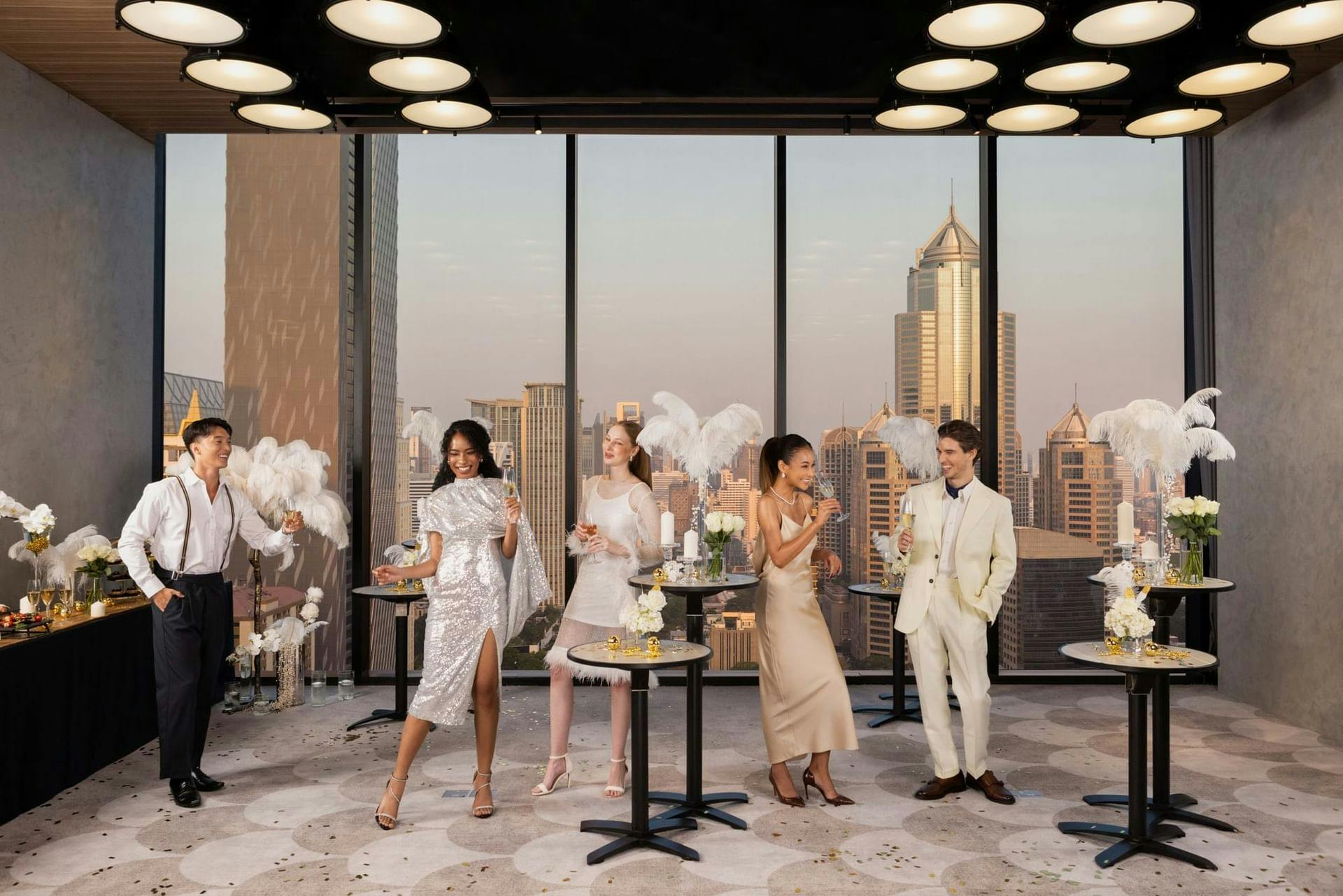 Elegant event at The Biergarten with city skyline, perfect for networking and celebrations.