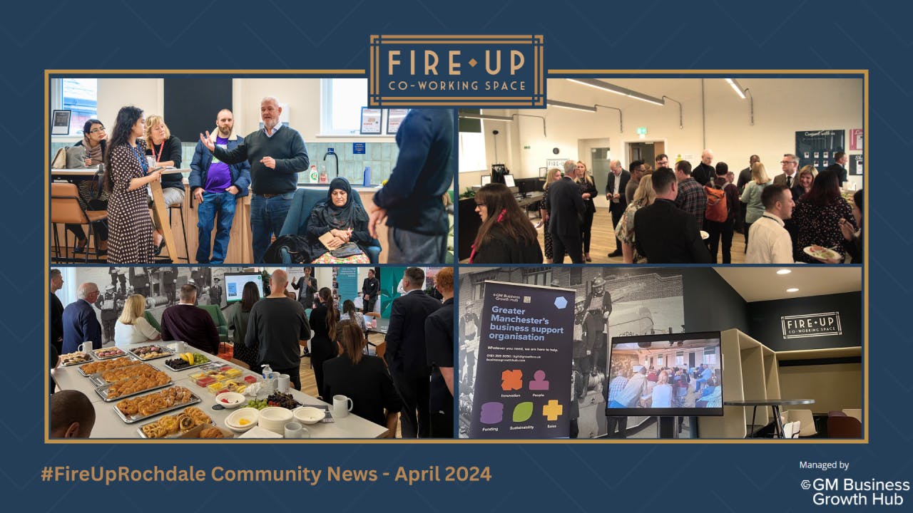 Vibrant networking event in Fire Up Rochdale with engaged attendees and refreshments.