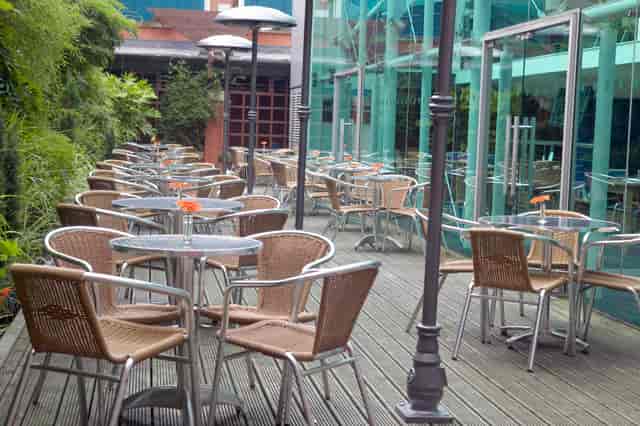 Stylish outdoor seating at Roof Garden, thestudio Birmingham for networking events.