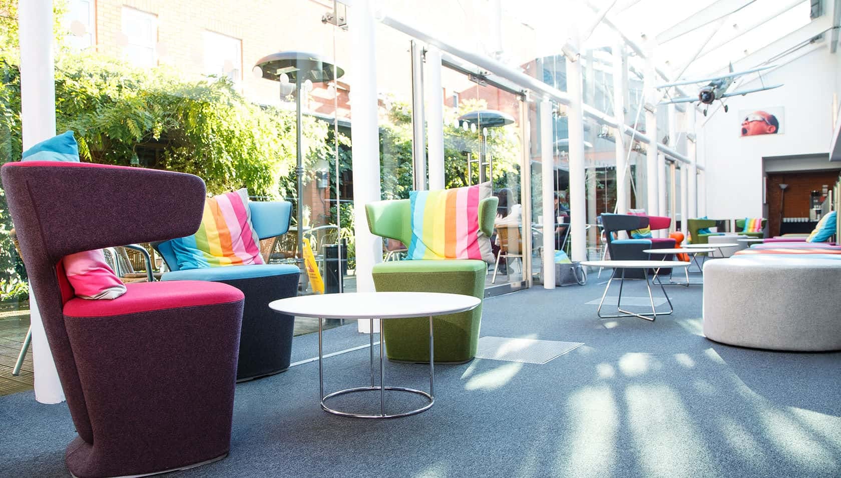 Vibrant lounge area in Roof Garden, thestudio Birmingham for networking events.