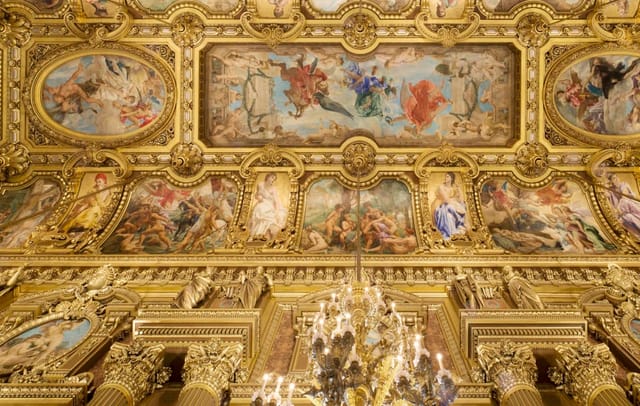 Opulent ceiling frescoes at Palais Garnier, perfect for weddings and galas.