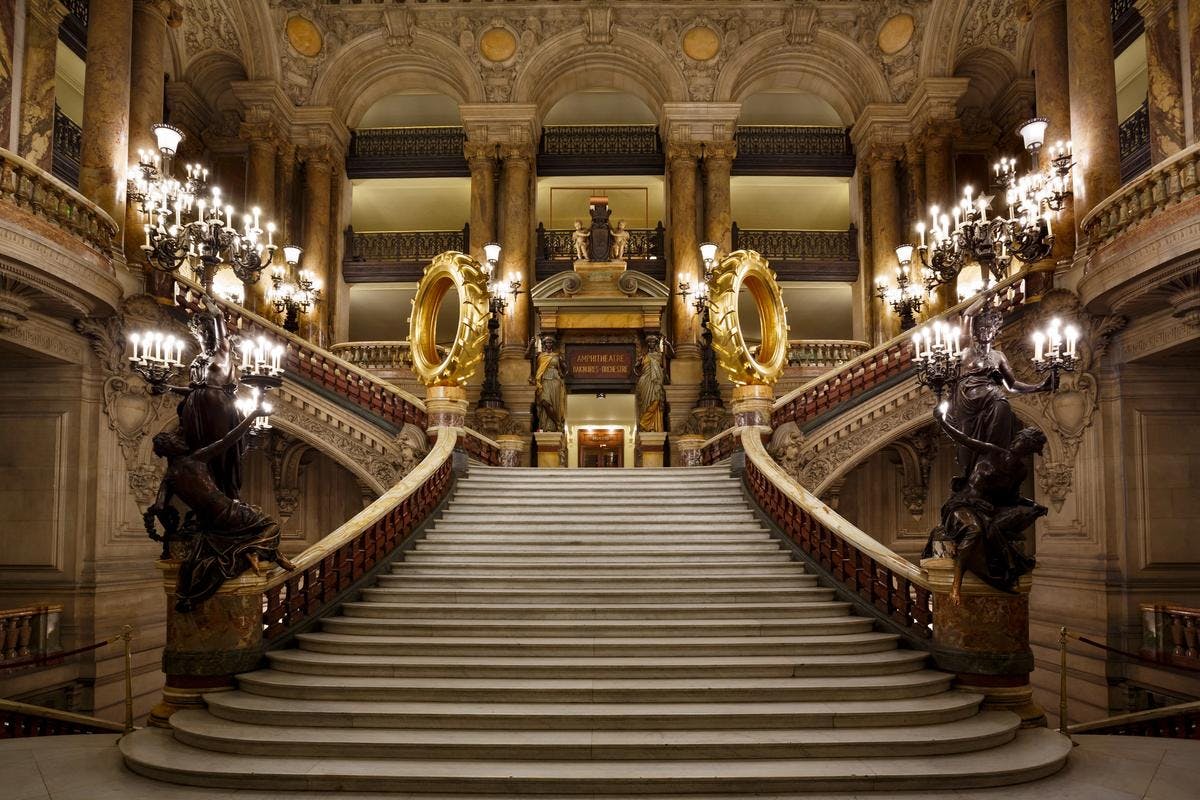 Grand staircase at Palais Garnier, ideal for elegant events and galas in Paris.