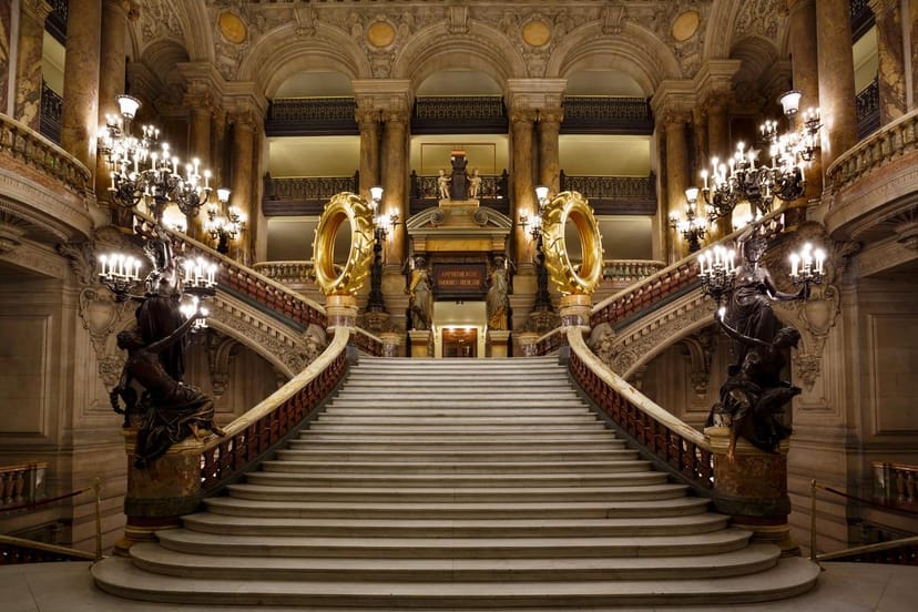 Grand staircase at Palais Garnier, ideal for elegant events and galas in Paris.