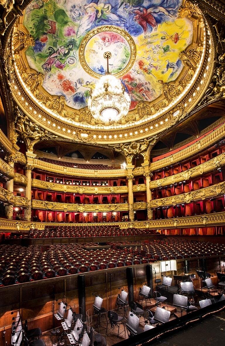 Ornate theater interior with grand chandelier at Paris Opera for elegant events.