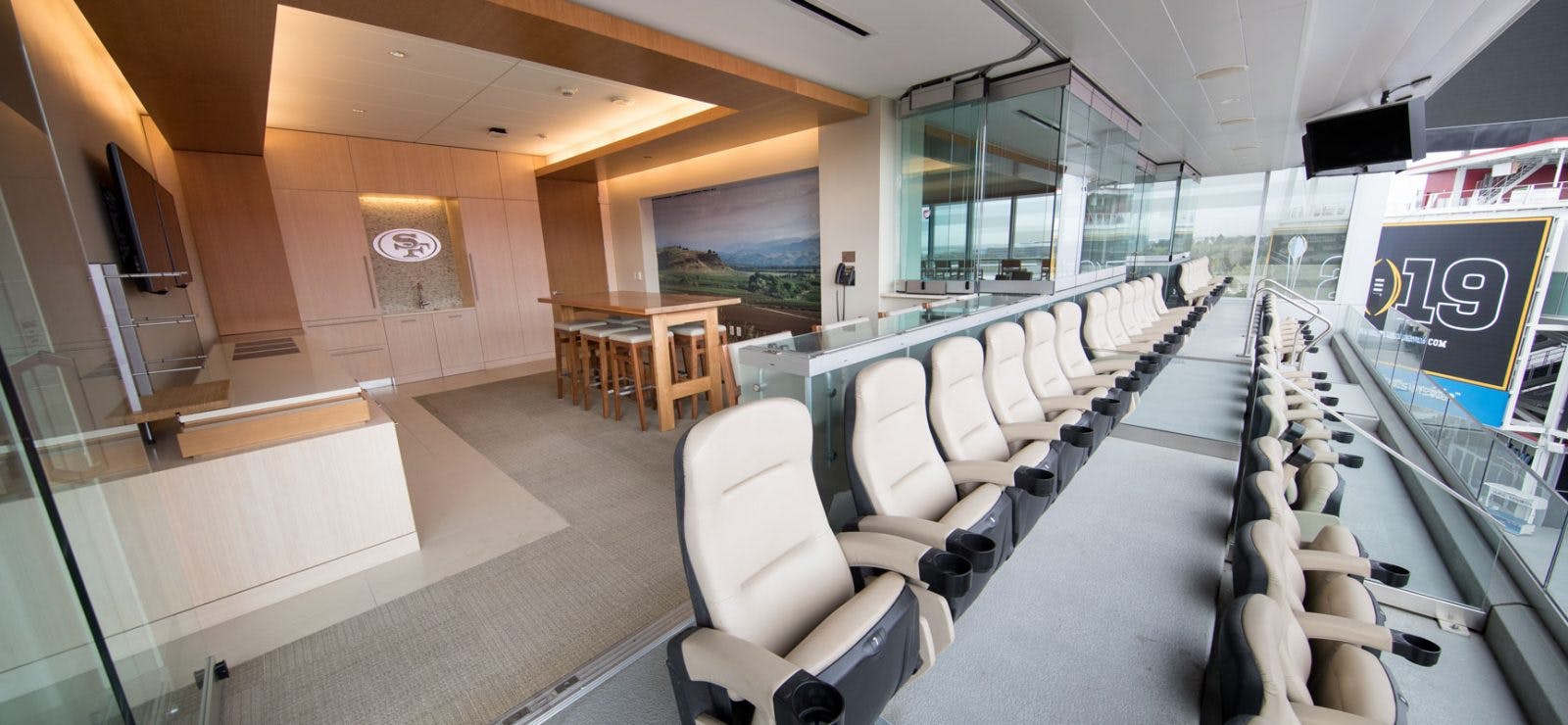 Modern event suite in Levi's Stadium with sleek design for corporate gatherings.