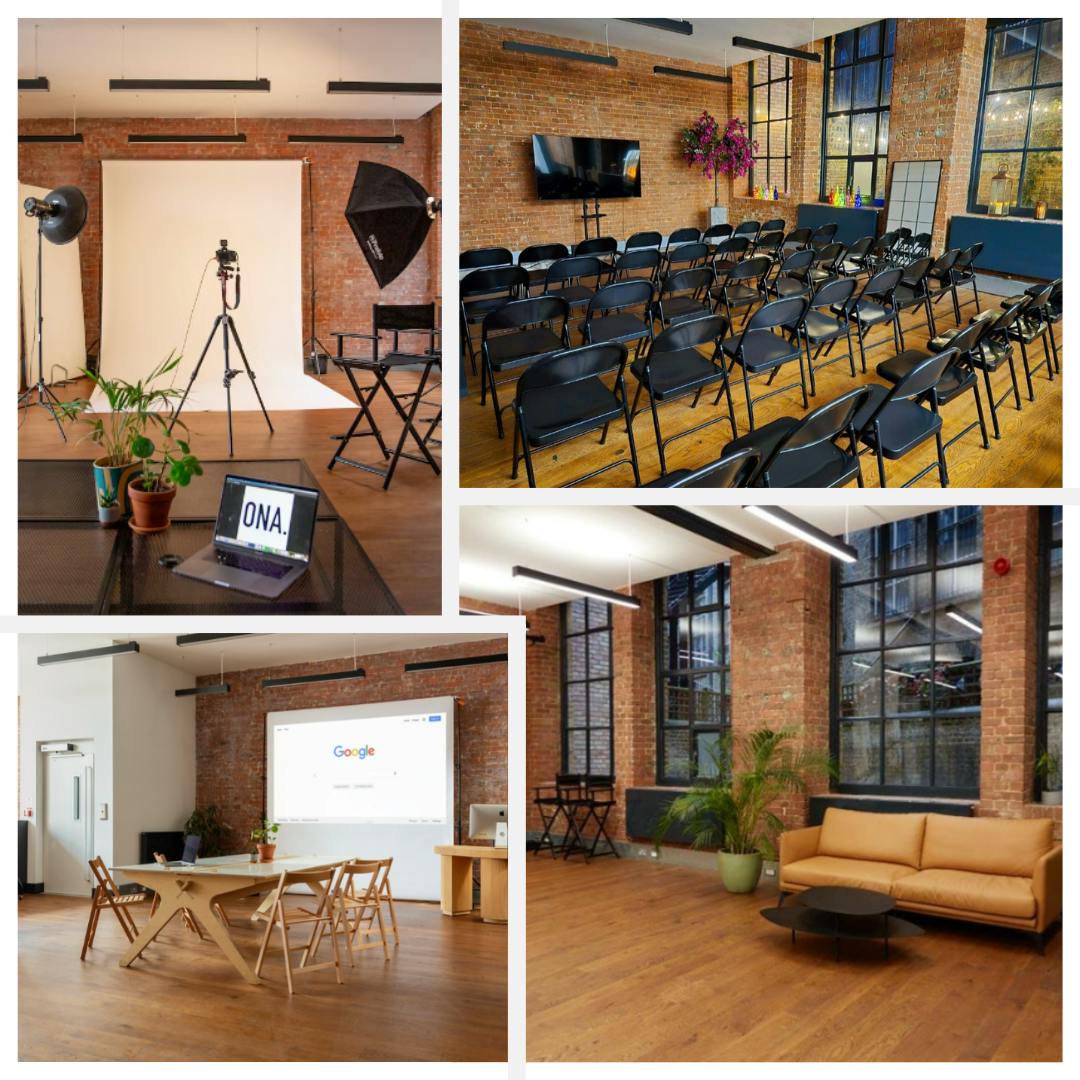 Versatile event space with black chairs, ideal for presentations and workshops.