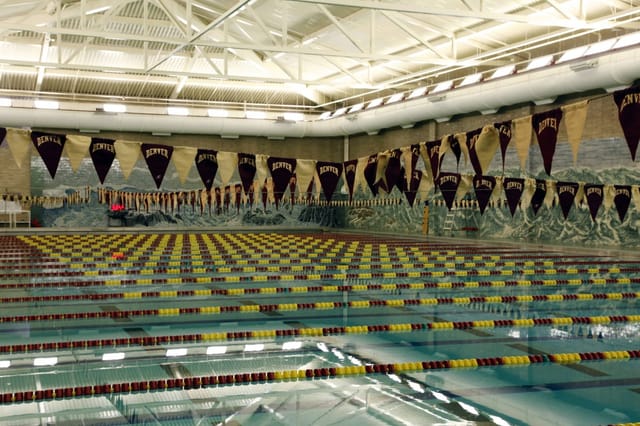 Indoor swimming pool with vibrant lane markings, ideal for swim meets and competitions.