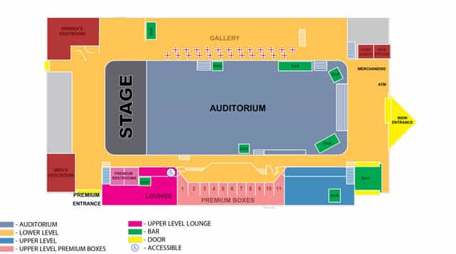 Fillmore Auditorium floor plan highlighting seating, stage, and lounges for events.