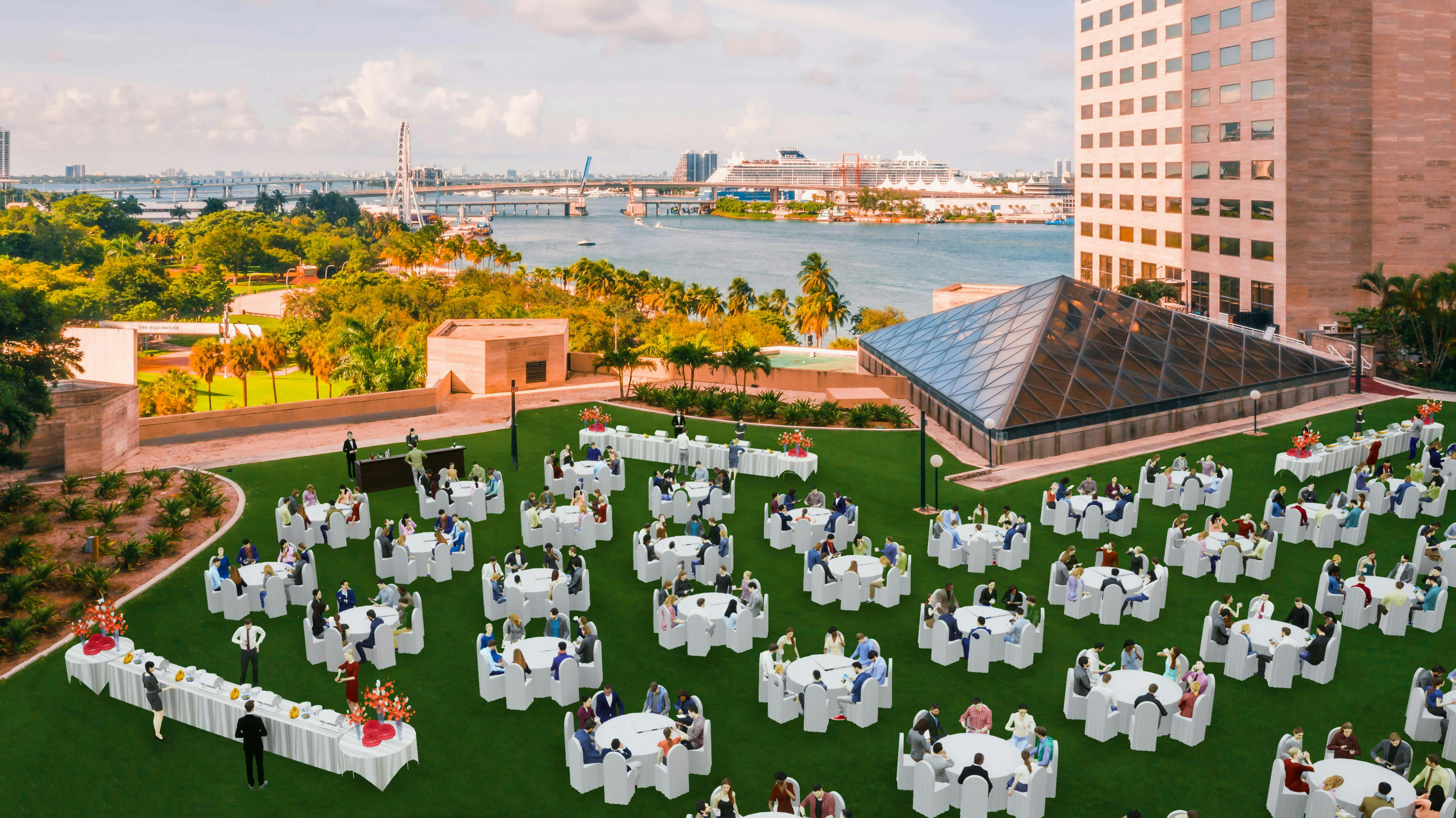 Skylawn event space in Miami with round tables, ideal for weddings and corporate events.