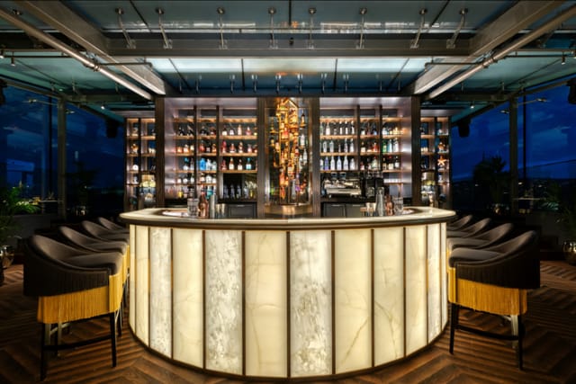 Sophisticated bar setup at Duchess Rooftop for networking events and cocktail receptions.