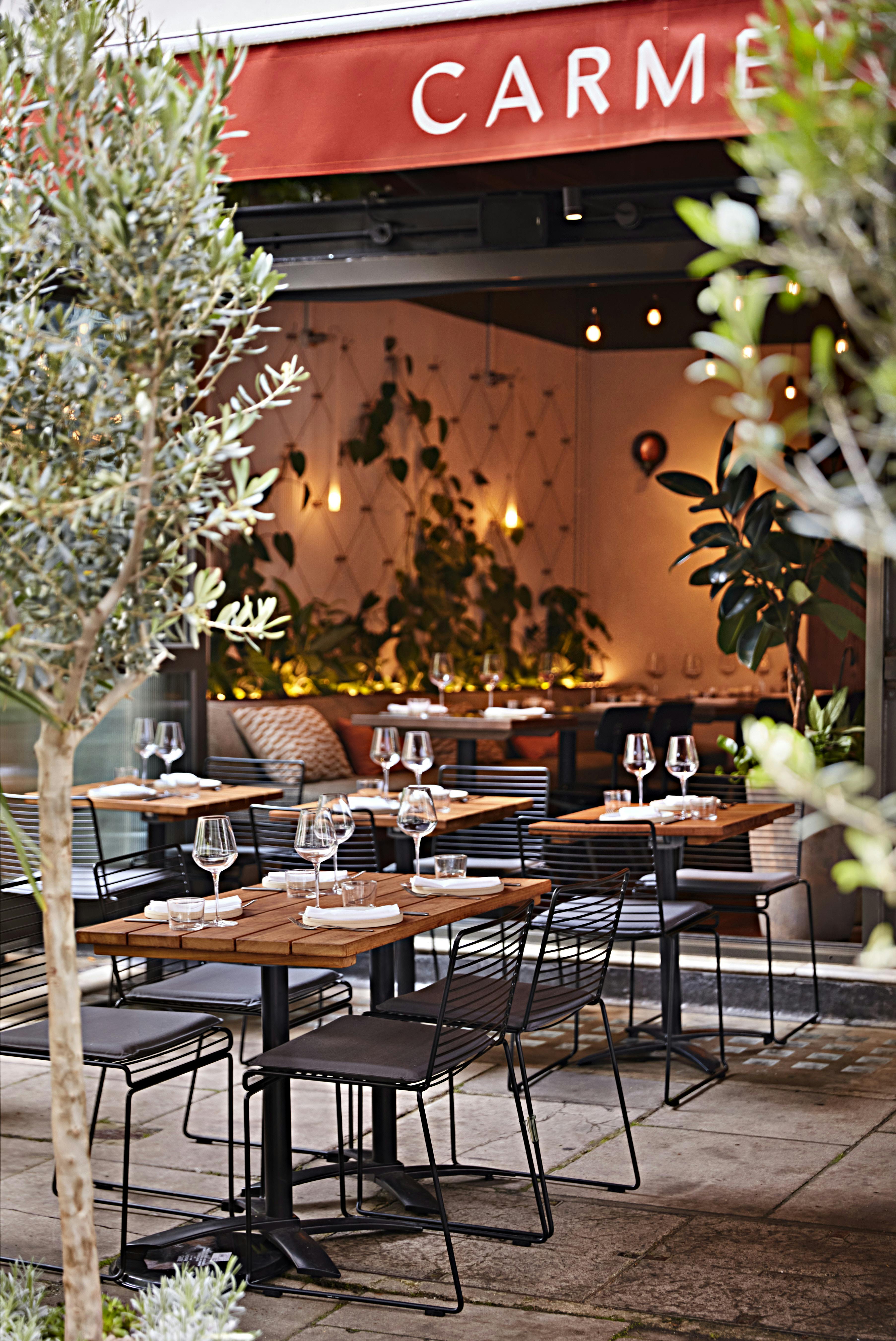 Plant-lined Terrace in Carmel Fitzrovia, stylish restaurant for intimate gatherings and events.