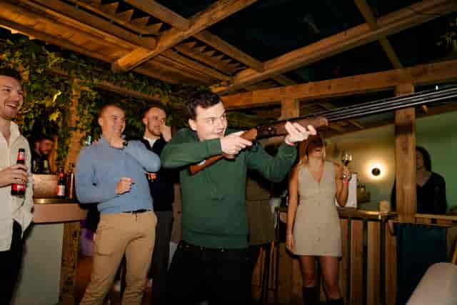 Shooting Space event in Clays Birmingham with rustic decor and team-building activities.