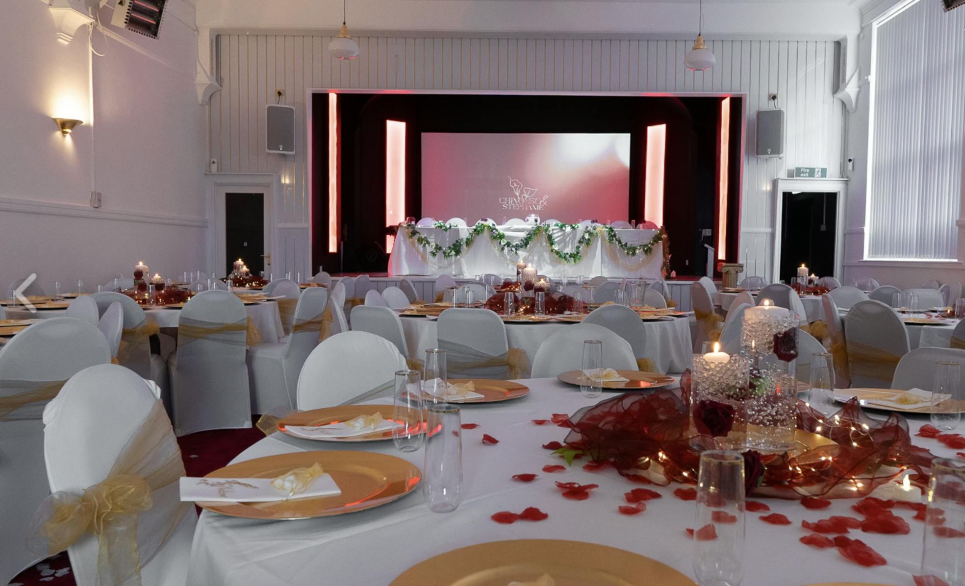 Elegant banquet hall in GENESIS HALL, ideal for weddings and formal events.