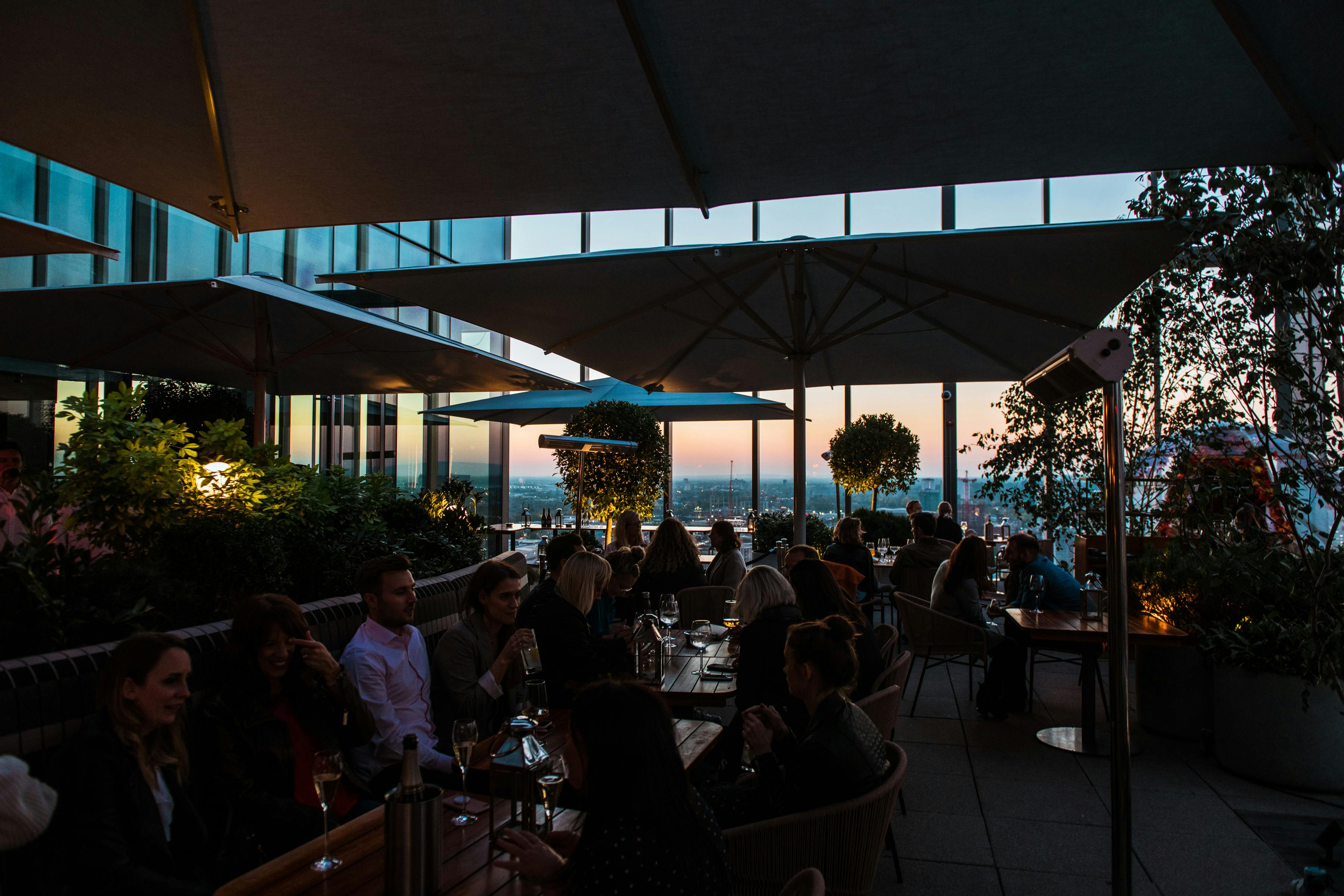 "Vibrant rooftop venue at 20 Stories Restaurant, ideal for upscale events and gatherings."