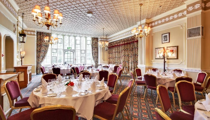 Elegant banquet room at Plough & Harrow Hotel, ideal for weddings and corporate events.